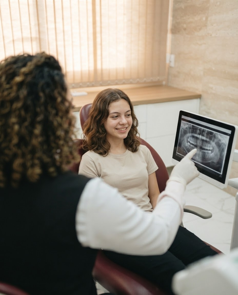 Paciente sorri enquanto a dentista mostra a radiografia na tela