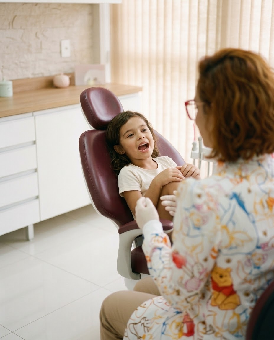 Criança conversa animada com a dentista na cadeira do consultório