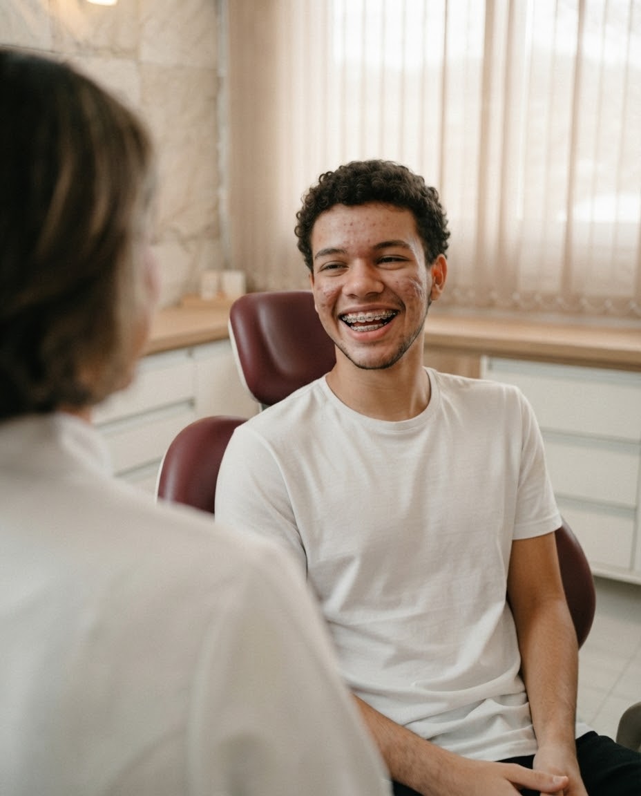 Jovem de aparelho ortodôntico sorrindo na cadeira do consultório