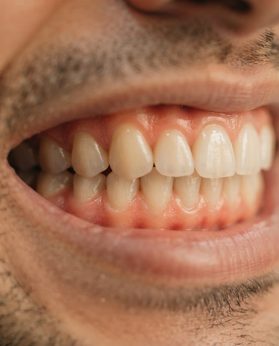 Sorriso de perto, com gengiva rosada e saudável