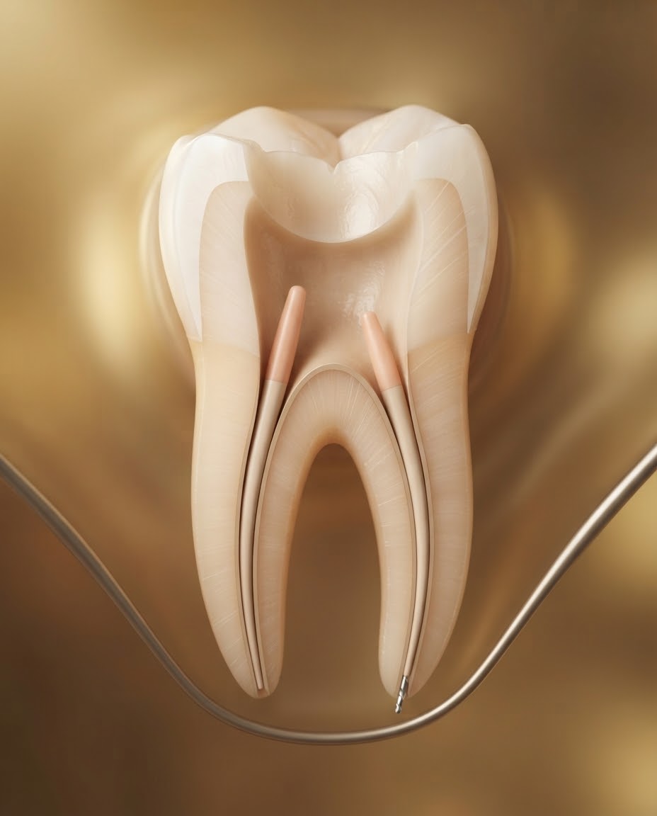 Ilustração de um dente em corte, com os canais da raiz